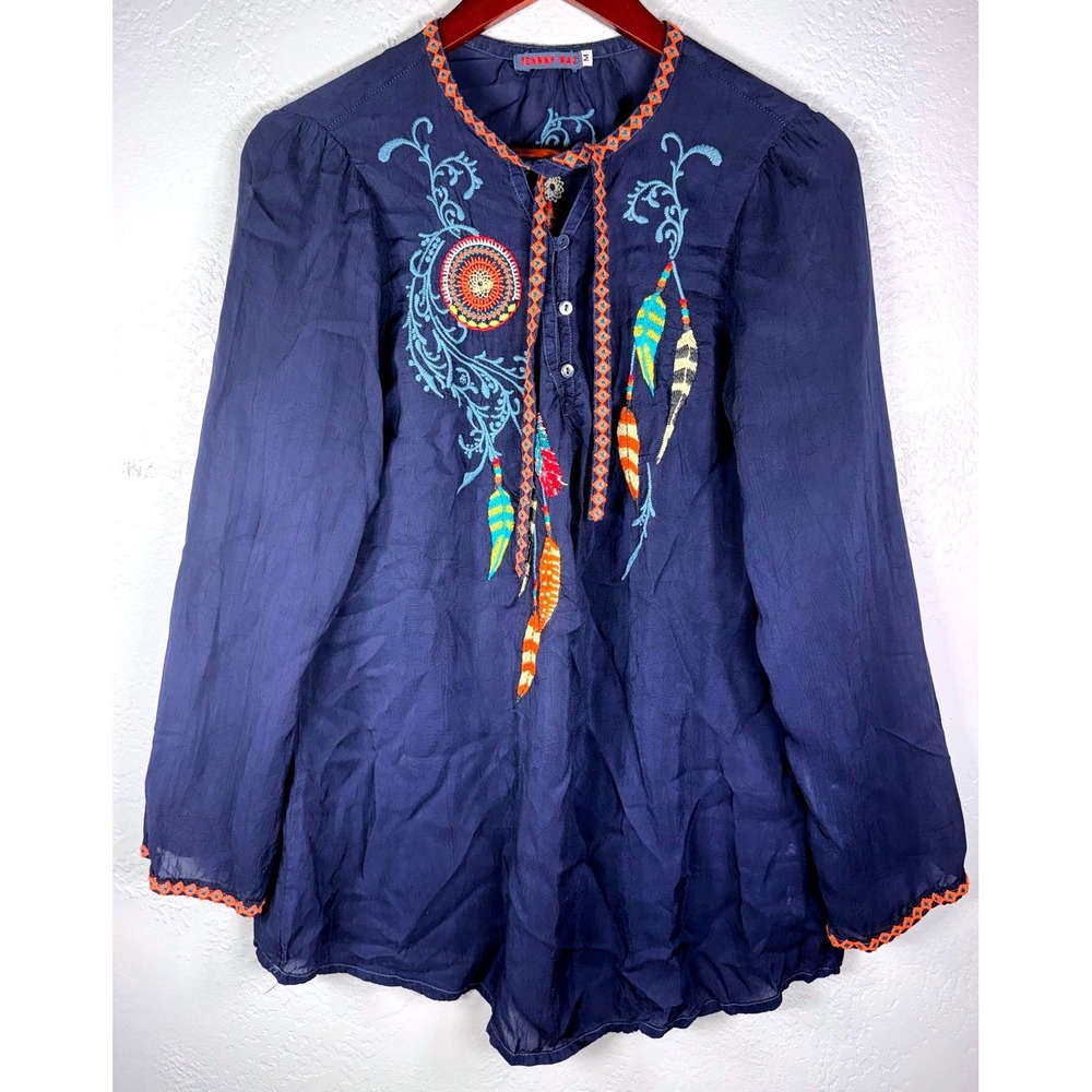 Johnny Was Navy Blue Embroidered Feather Tunic Top Boho Rayon Womens Size M